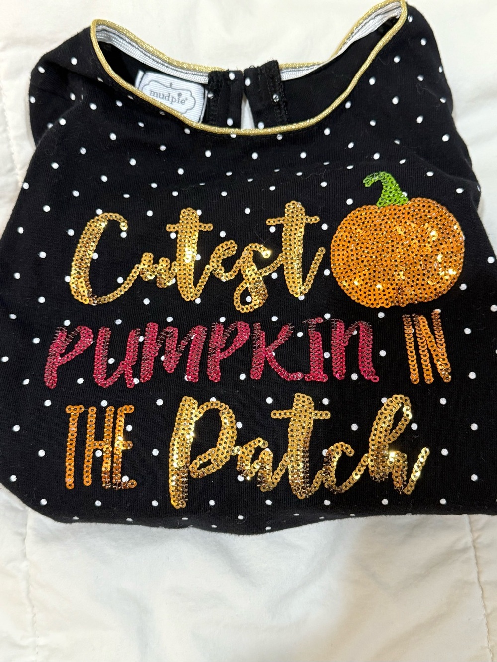 Mud Pie Black Polka Dot Sequin Pumpkin Top with Gold & Pink Accents